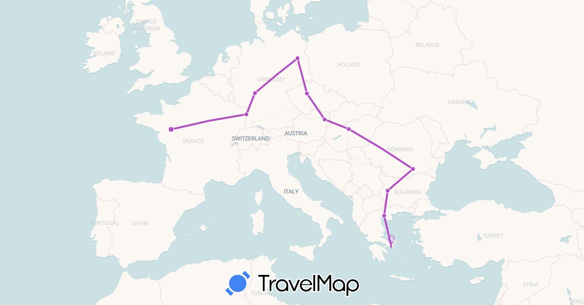 TravelMap itinerary: driving, train in Austria, Bulgaria, Czech Republic, Germany, France, Greece, Hungary, Romania (Europe)